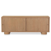 Hobbs Media Unit, Soft-Curve Silhouette, Solid Oak, Rounded Post Legs, Sliding Door Storage, Natural