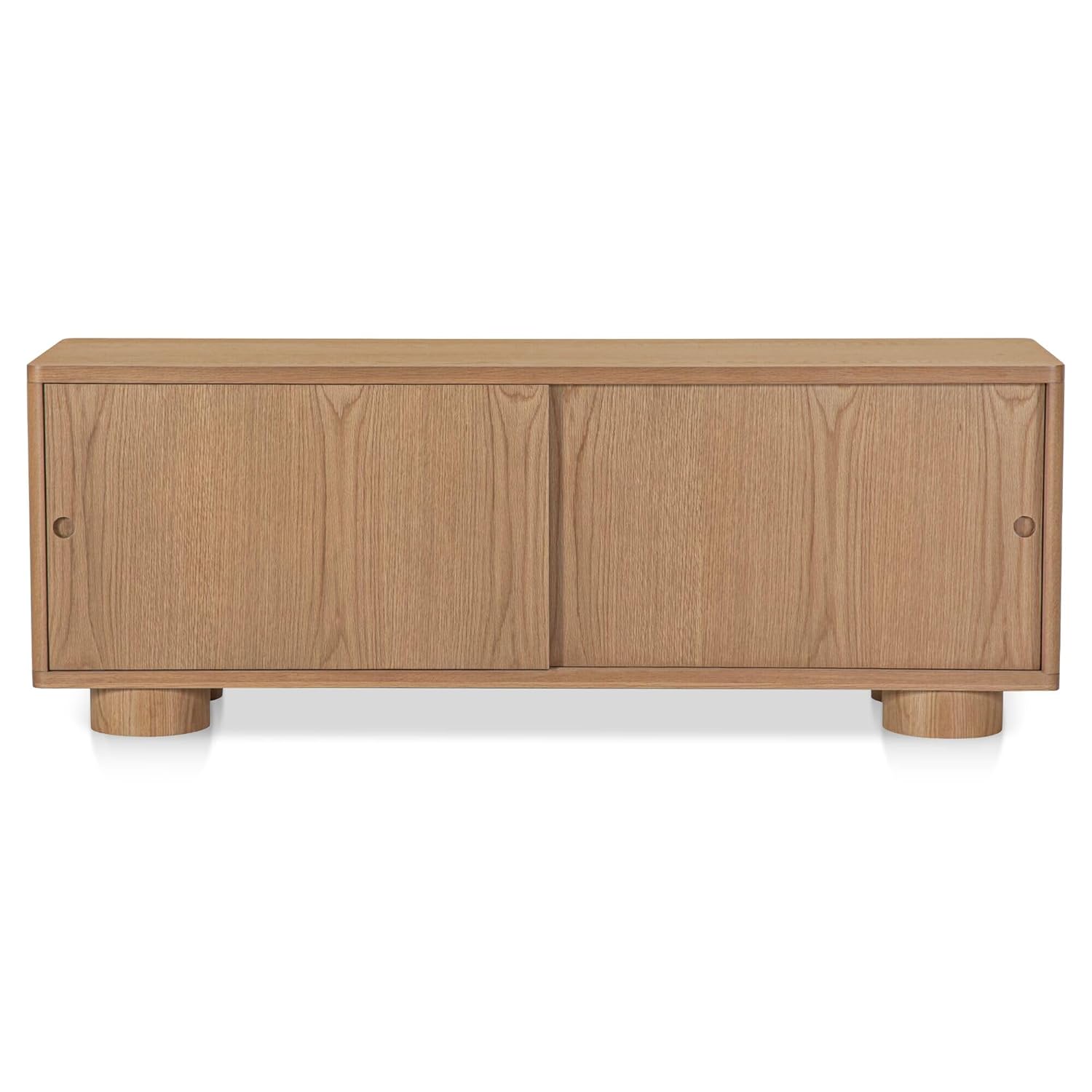Hobbs Media Unit, Soft-Curve Silhouette, Solid Oak, Rounded Post Legs, Sliding Door Storage, Natural