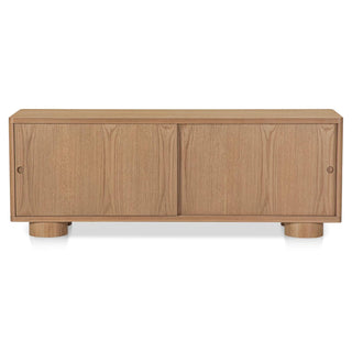 Hobbs Media Unit, Soft-Curve Silhouette, Solid Oak, Rounded Post Legs, Sliding Door Storage, Natural