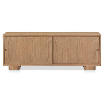 Hobbs Media Unit, Soft-Curve Silhouette, Solid Oak, Rounded Post Legs, Sliding Door Storage, Natural