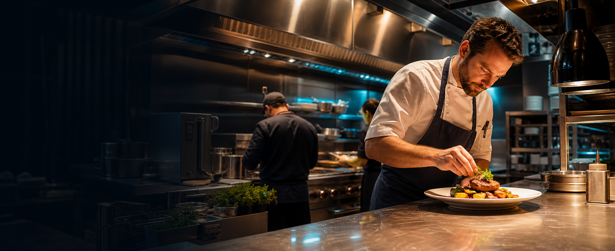 A chef finishing a plated entree in a fully equipped professional restaurant kitchen